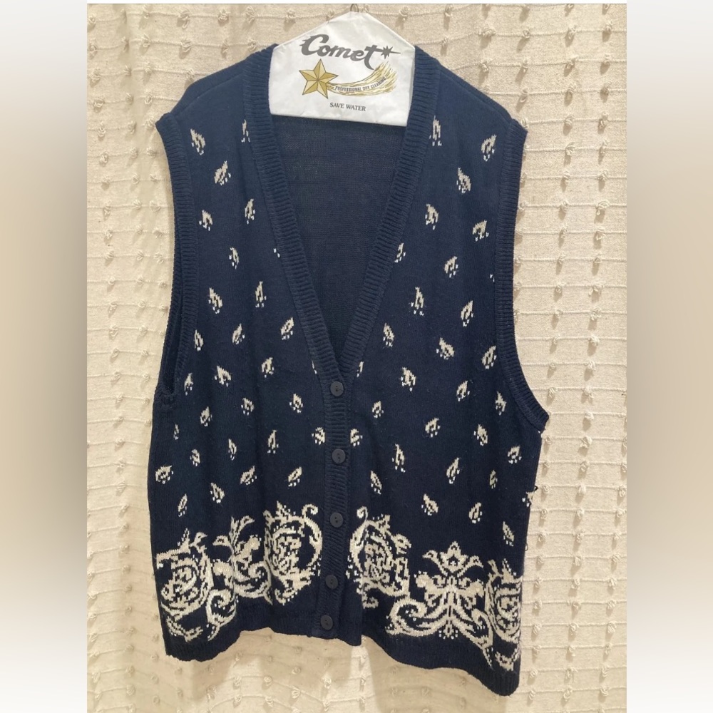 Vtg Panther Womens Sweater Vest Navy Beige  V Neck Cotton Size 2X